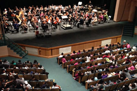 symphony on stage with full audience