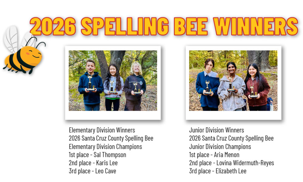 Two photos showing the 2026 spelling bee winners posing with their trophies.